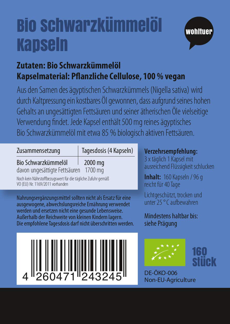 Bio Schwarzkümmelöl Kapseln 160 Stück