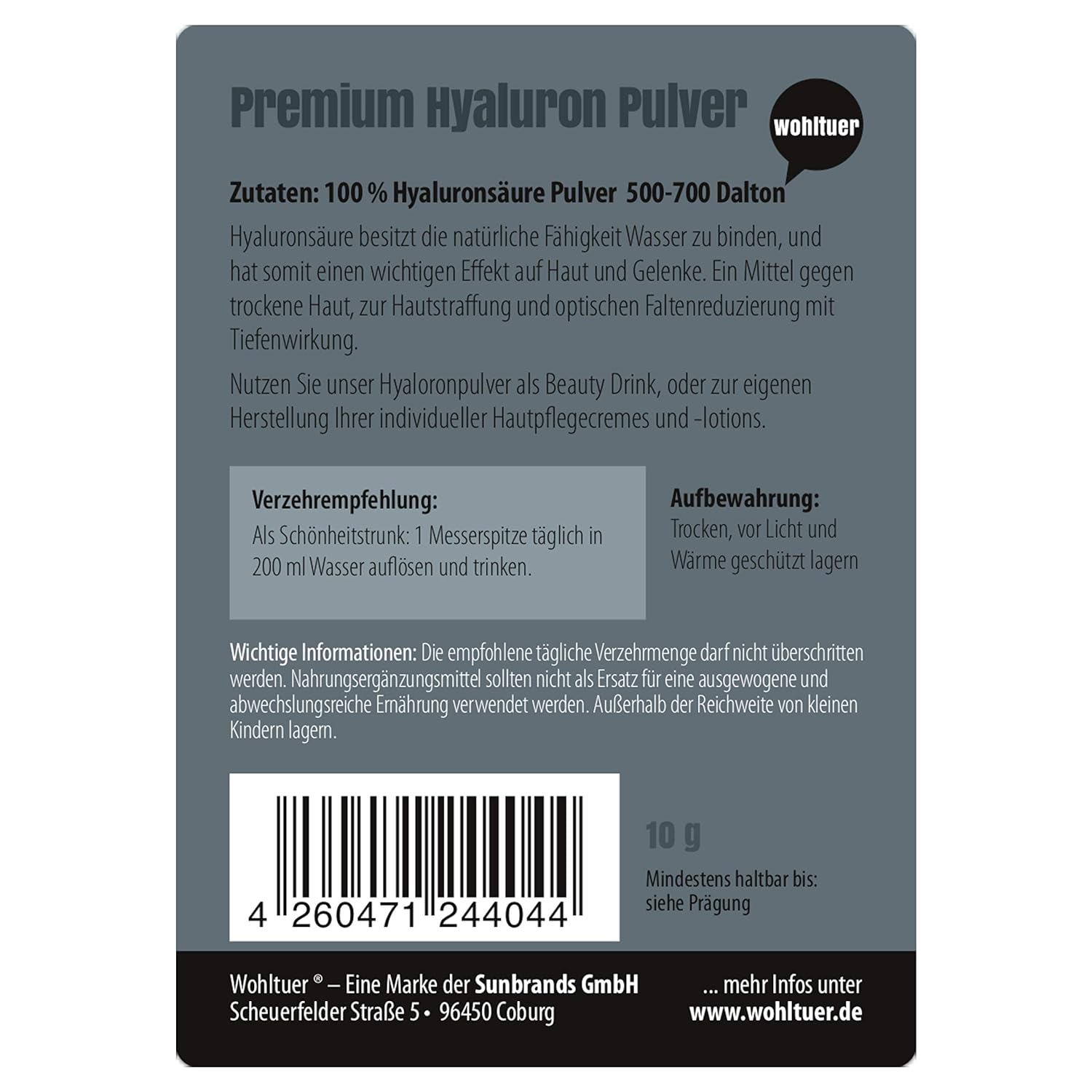 Wohltuer Premium Hyaluron Pulver 10g