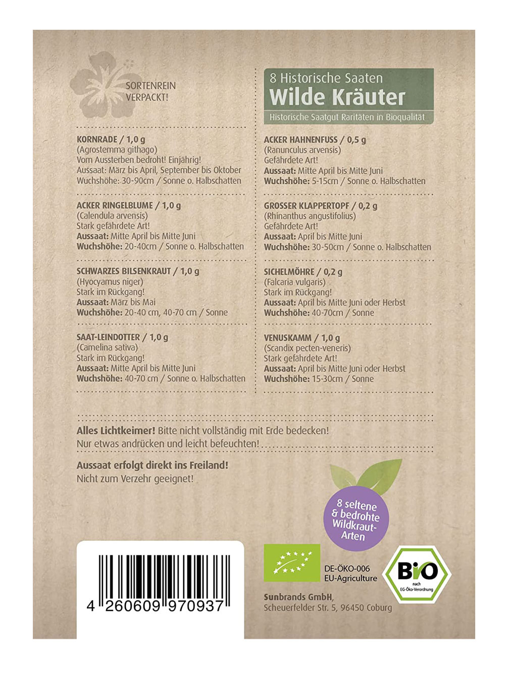 Biobalu Bio Wilde Kräuter Set - 8 Seltene & Bedrohte Ackerwildkräuter